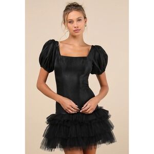 Lulus‎ Notably Fabulous Black Taffeta Tiered Puffed Sleeve Mini Party Dress L
